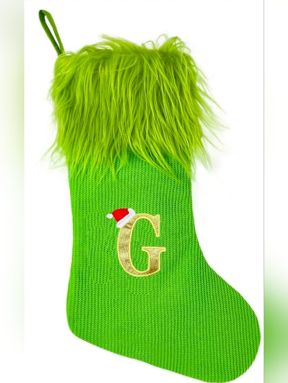 Festive Green Grinch Personalized Holiday Stocking "G" with Faux Fur Cuffs, EUC